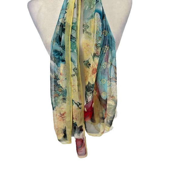 Silk Blend Scarf Asian Geisha Floral Print 66 x 19 Rectangle Art Wall Decor - Picture 6 of 10